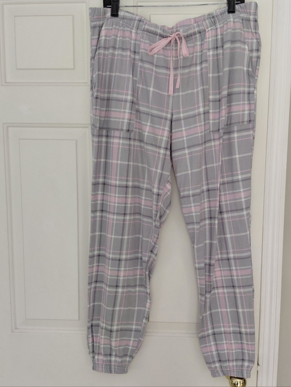 Joyspun Gray Pink Plaid Soft Drawstring Pajama Pants. Size XL 16-18